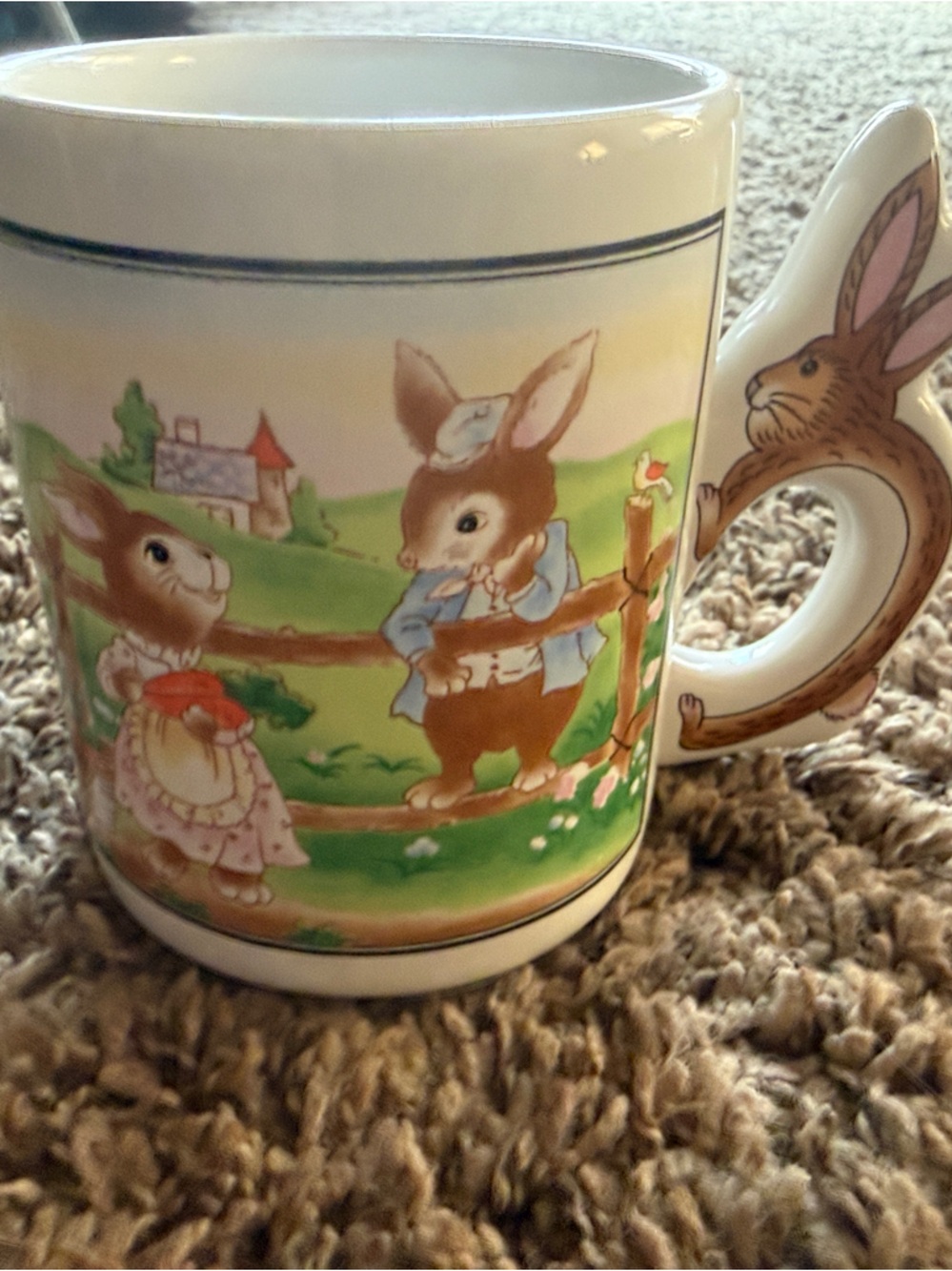 Vintage Bunny Easter Ceramic Mug with Novelty Handle - Pastel Colors